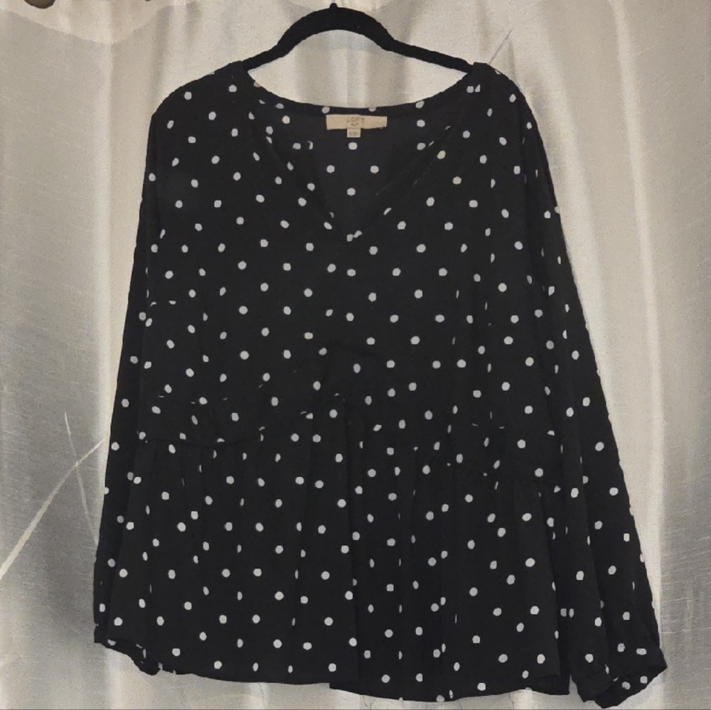 LOFT Black Blouse with White Polka Dots